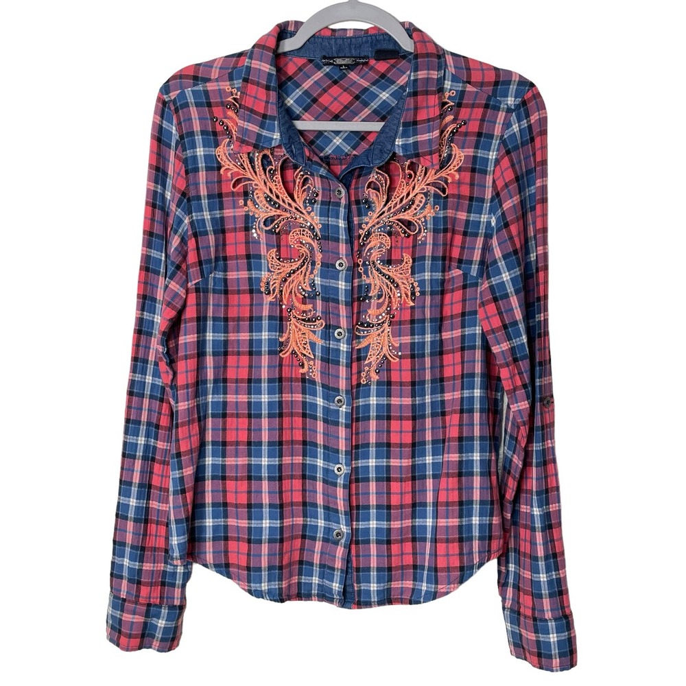 Miss Me Pink and Blue Plaid Button-Down Shirt with Embroidered Detail